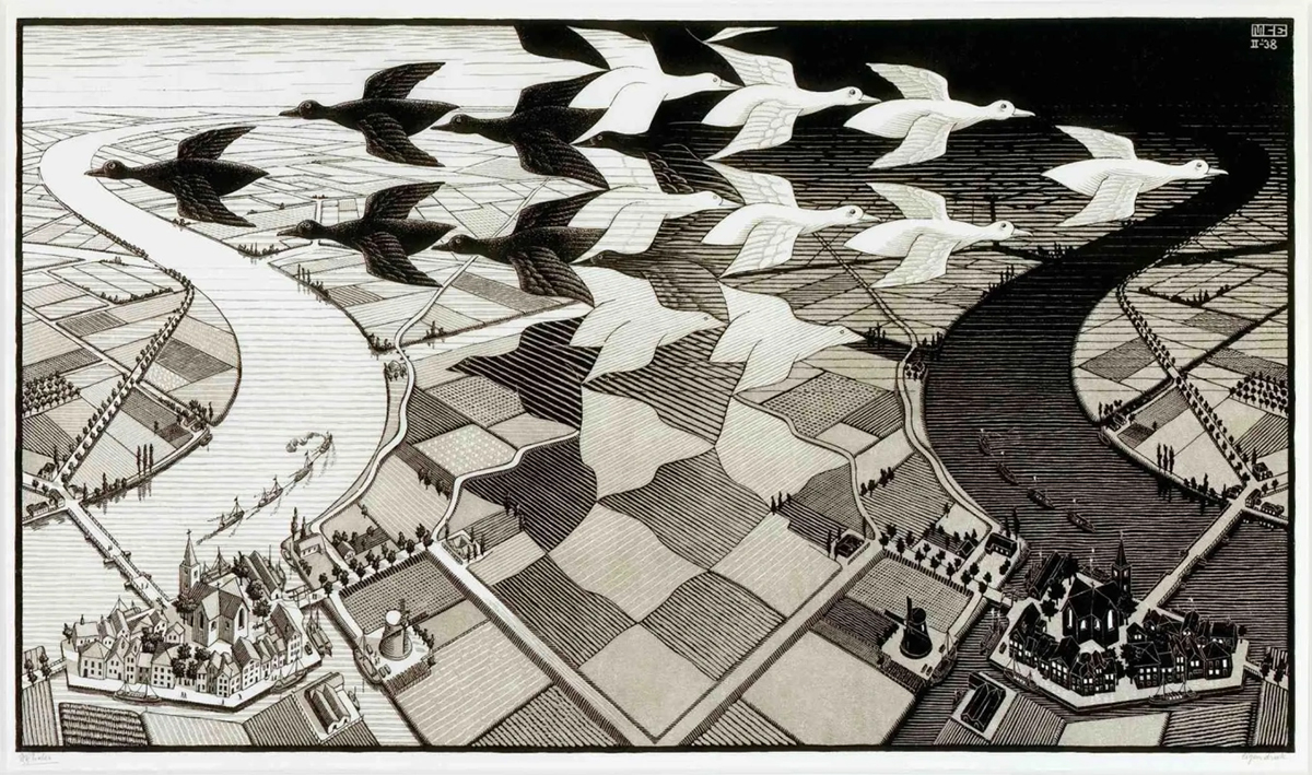 Day and night Maurits Cornelis Escher • Print, 1938, 39.1×67.7 cm